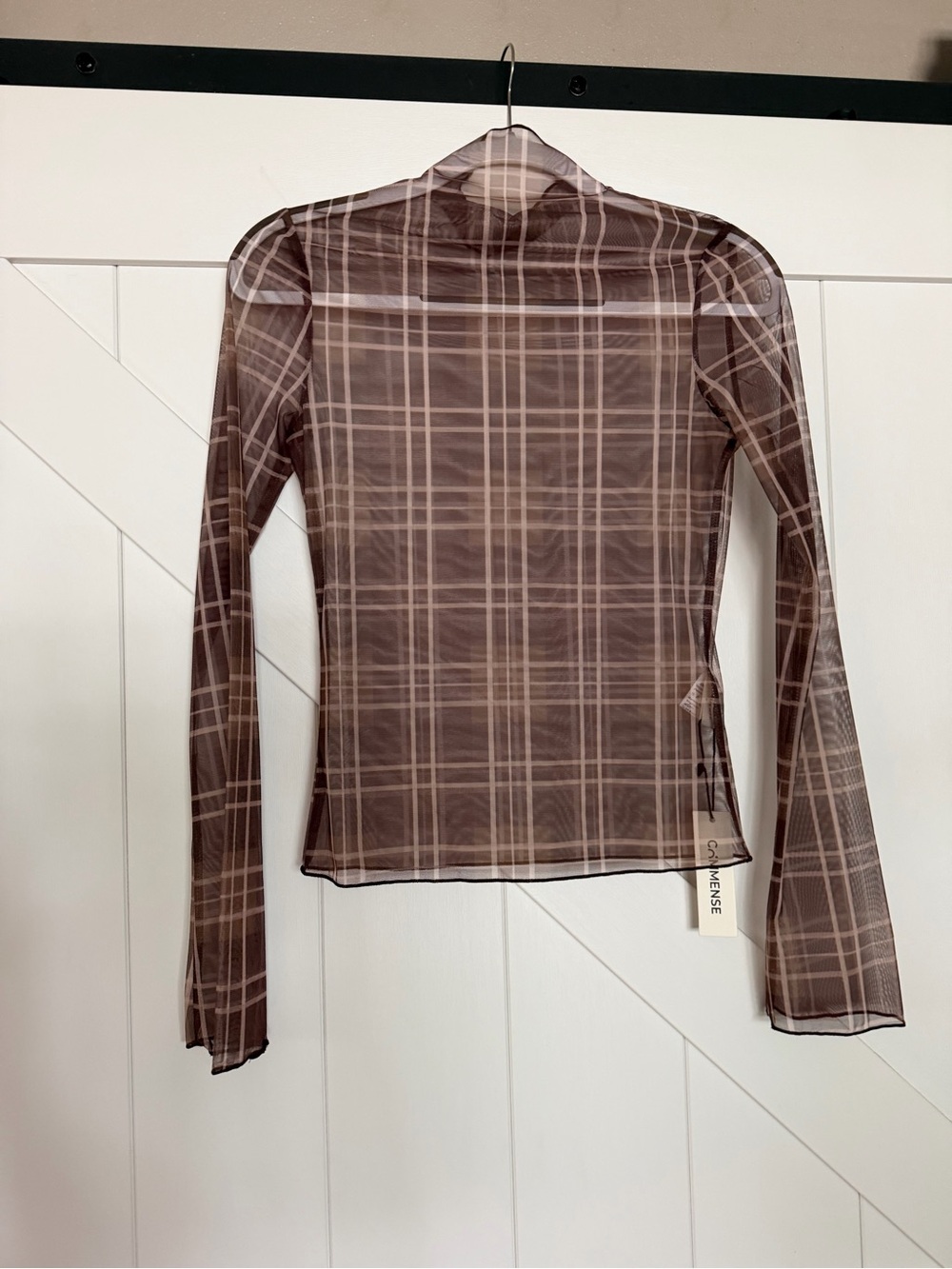 Commense Sheer Brown Plaid Long-Sleeve Top